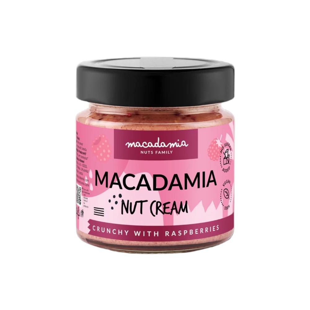 Makadamijų riešutų kremas su avietėmis lietuviška kokybė gurru.lt